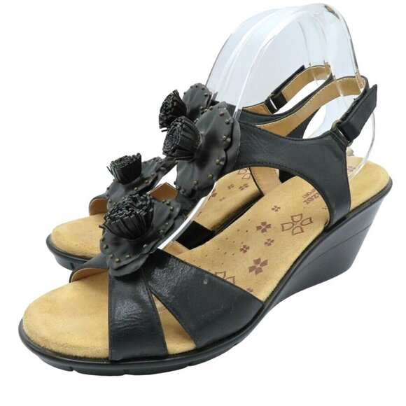 Naturalizer Shoes - Naturalizer 10 M Comfort Explorer Womens Black Faux Leather Flower Wedge Sandal